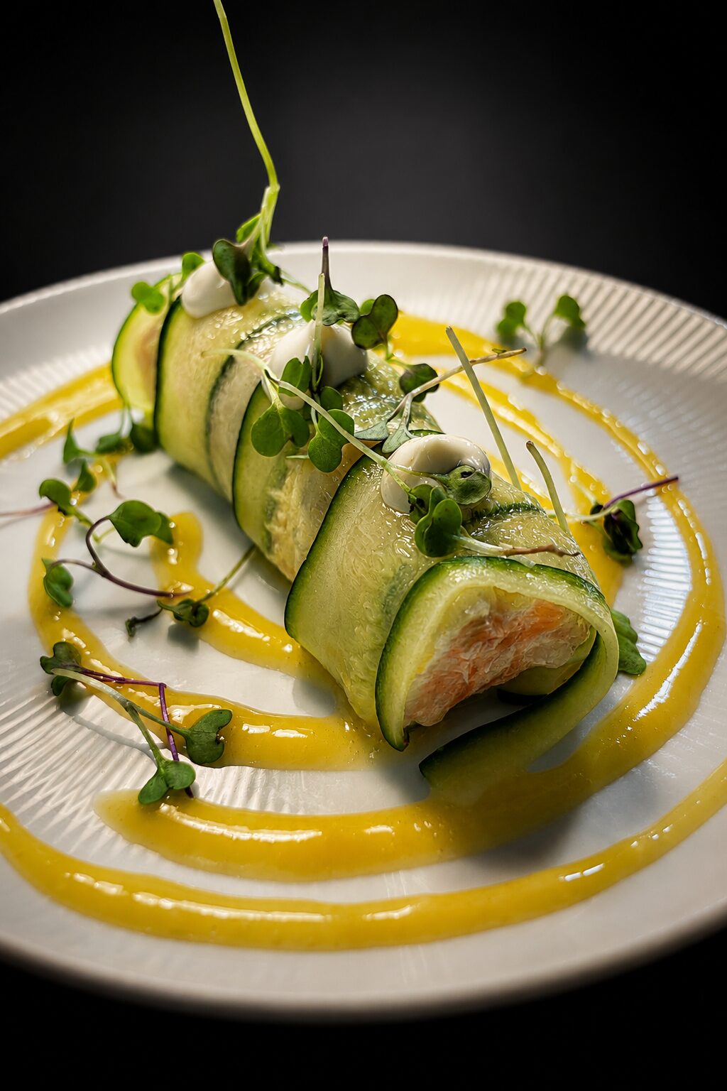 Canelón frío de calabacín y salmón curado con queso y langostinos