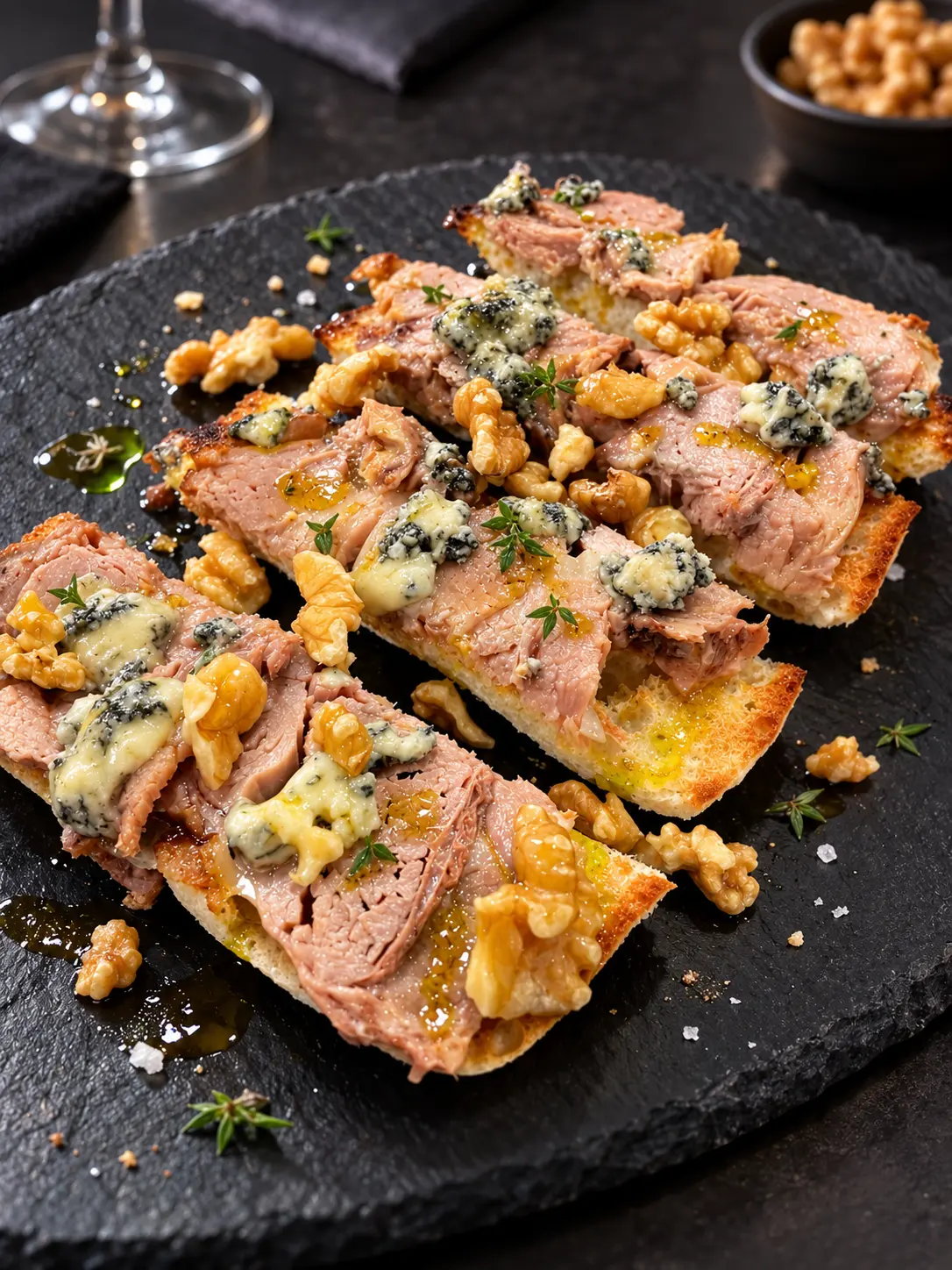 Focaccia asturiana con carne mechá casera, queso Cabrales y nueces
