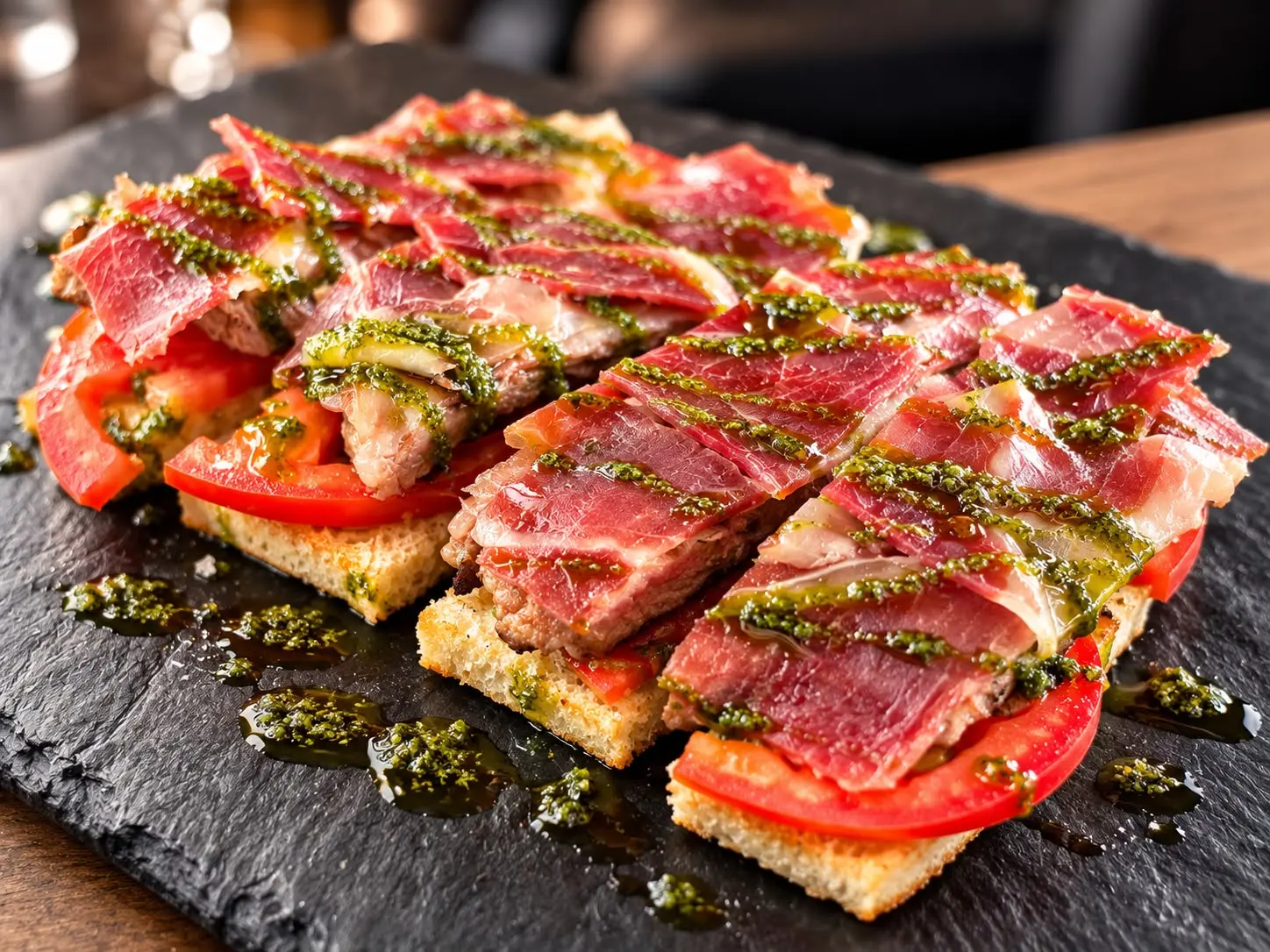 Focaccia serrana con presa ibérica, tomate y jamón ibérico