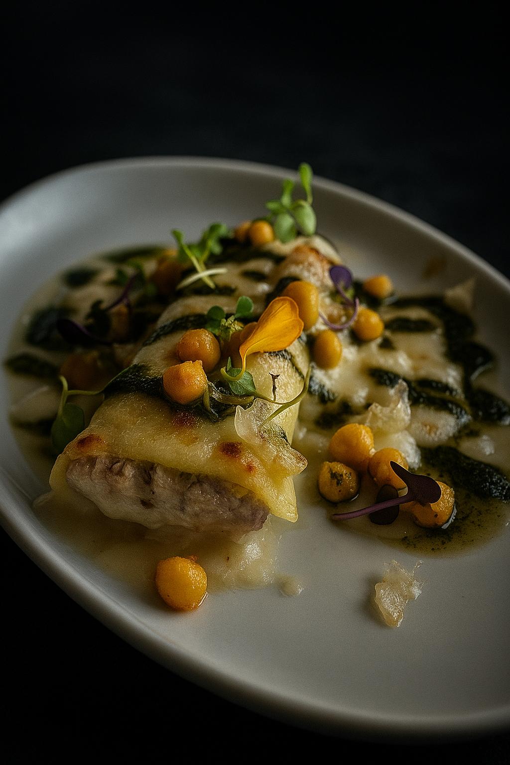 Tapa de canelón de puchero, relleno de cocido de la casa, bechamel suave y garbanzos fritos