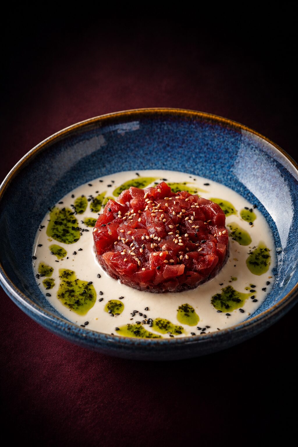 Tartar de Atún rojo con ajo blanco de almendras y AOVE